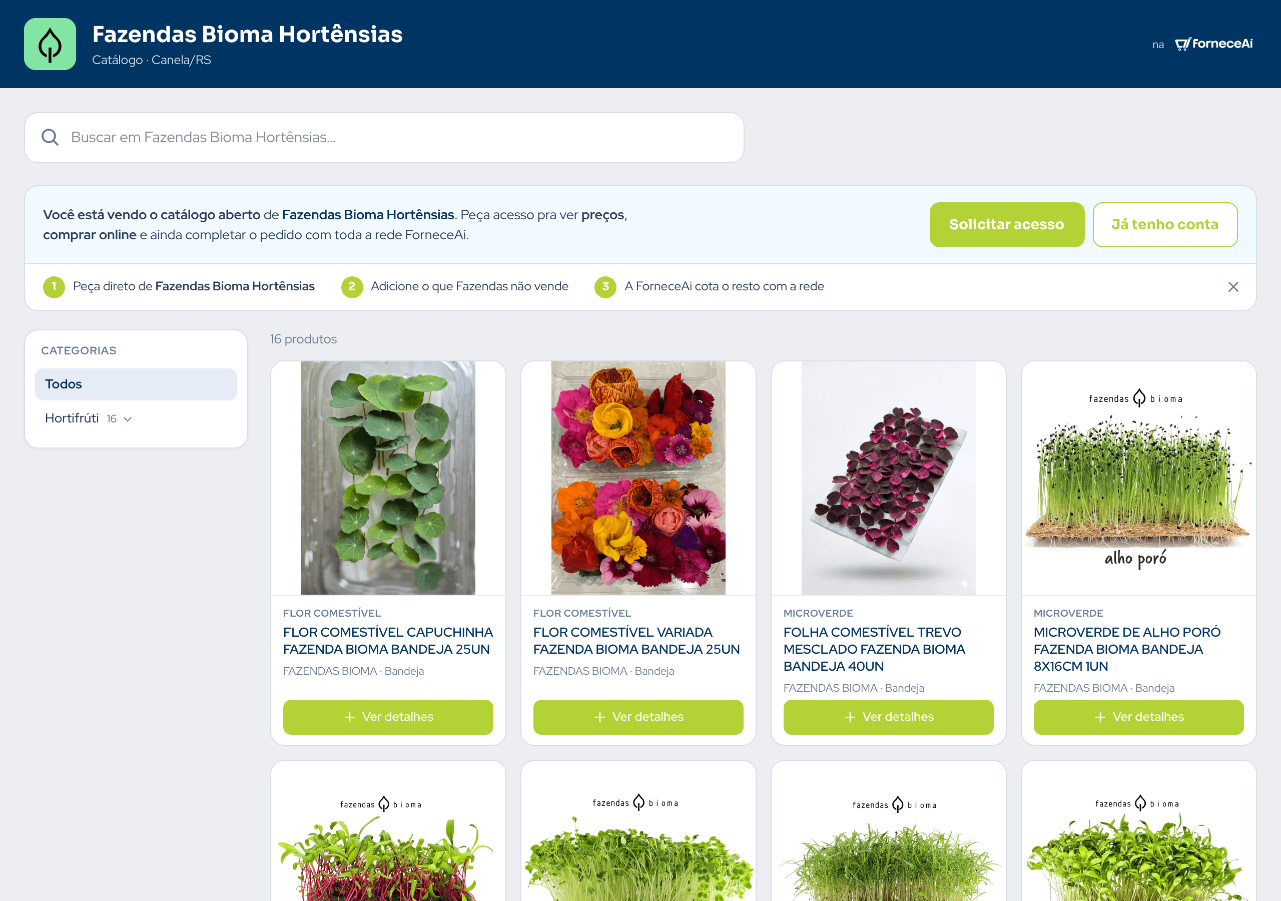 Banca online da Fazendas Bioma na ForneceAí: microverdes e flores comestíveis